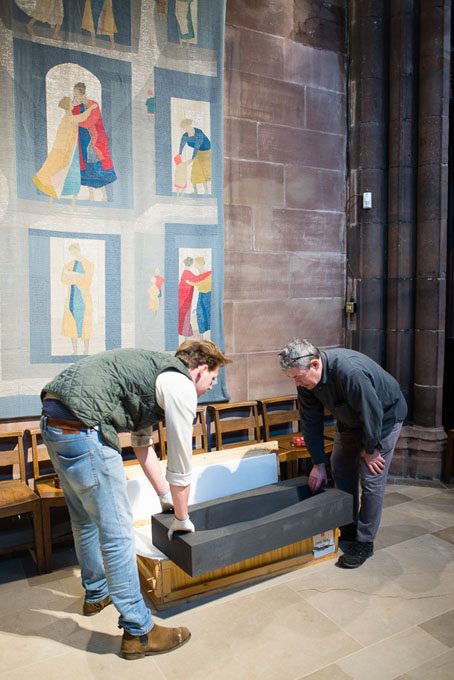Julian Stair installing Quietus in Manchester Cathedral 2016
